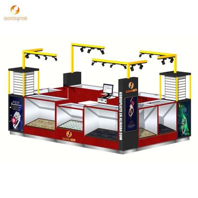 China MDF+Tempered glass+led+metal retail jewelry shop showcase kiosk counter custom black design for modern wooden retail mall jewelry kiosk for sale