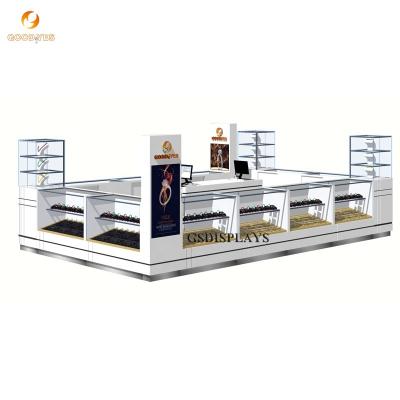 China MDF+Tempered glass+led+metal retail mall kiosk wooden top furniture with jewelry high end wooden mall kiosk fixtures ideas for sale for sale