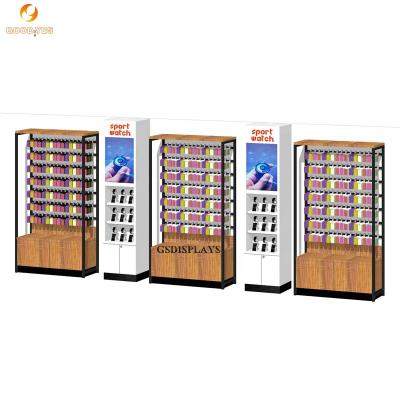 China MDF+Tempered glass+led+metal retail wooden phone MDF cell phone wall accessory display cabinet/display store decoration cell phone shop design mobile showcase for sale