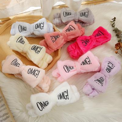 China Wholesale Girls Woman Party Festival Accessories Cute Cute Girls Face Washing Plush Headband OH GOD MY Letters Bow Coral Fleece Headband Makeup Turban Women Hair Accessories for sale