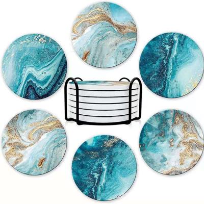 China Sea Viable Beach Ceramic Coasters For Unique Drinking Round Ceramic Cork Backed Cup Mat For Home / Housewarming Gift for sale