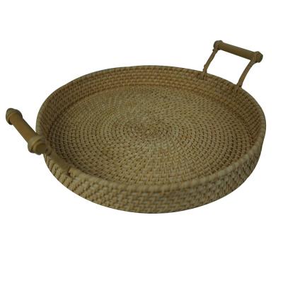 China Viable Handmade Rattan Tea Tray Storage Basket With Handles Around Rattan Tray Living Room Fruit Cafe Rattan Serving Tray for sale