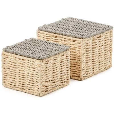 China 2021 Sustainable Wholesale Paper Lidded Stackable Storage Woven Braided Organizer Rope Basket With Lid For Small Household Items for sale