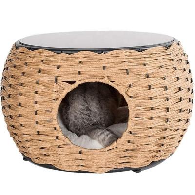 China 2021 Four Seasons Weaving House Coffee Table Nest Cozy Sleeping Nest Rattan Cozy For Dog Cat Dog Beds for sale