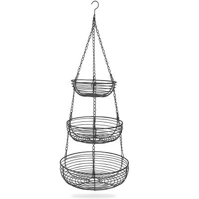 China Viable Newcomers Chose For You Wholesale Metal Wire Frame Kitchen 3 Tiers Long Hanging Fruit Basket With Ceiling Hook Included for sale