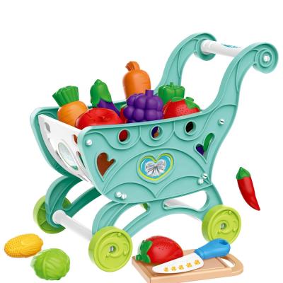 China Eco-friendly Supermarket Toy Trolley Play Set Kitchen Shopping Toy Cut Plastic Fruit Vegetable Children For Kids for sale