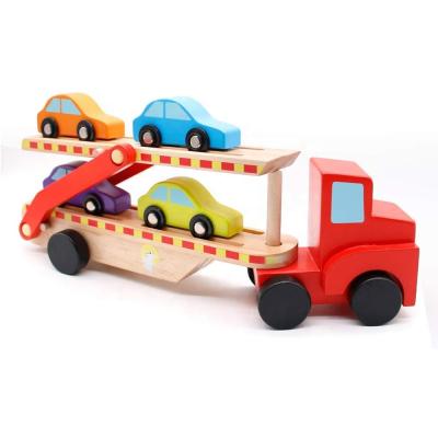 China Wooden Trailer Truck Toy Car Transporter Truck Toys with 4 Mini Kid Cars for sale