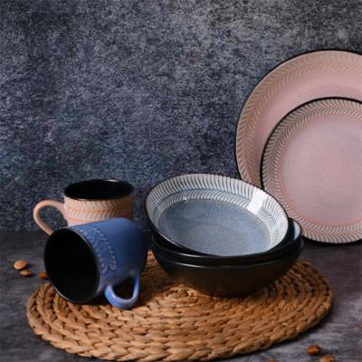 China 16 Piece Disposable Ceramic Breakfast Dish Set with Cup Nordic Reactive Stoneware Luster Embossed Dinnerware Set for 4 for sale