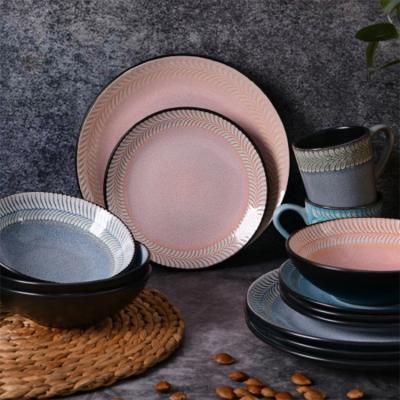 China 16 Pieces 2021 New Design Two Tone Earthware Porcelain Stoneware Rustic Embossed Ceramic Dinnerware Set Reactive Disposable by Luster for 6 for sale