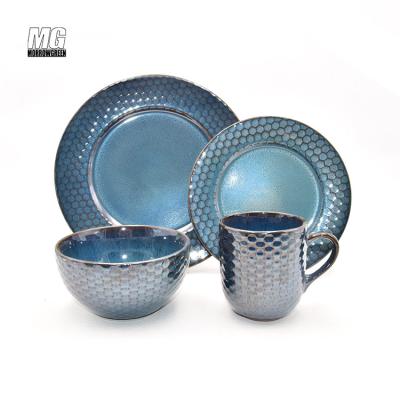 China Best Quality Ceramic Short Flambed Disposable Dish Glazed Ceramic Dish Rustic Blue Kitchen For Hotels Ceramic Dishes Dinner Set for sale