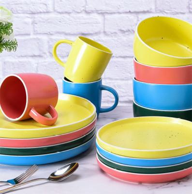 China Hotel Disposable Elegance Restaurant Poland Stoneware Ceramic Tableware Set / 16 Pieces Blue Pink Ceramic Tableware Dinnerware Set for sale