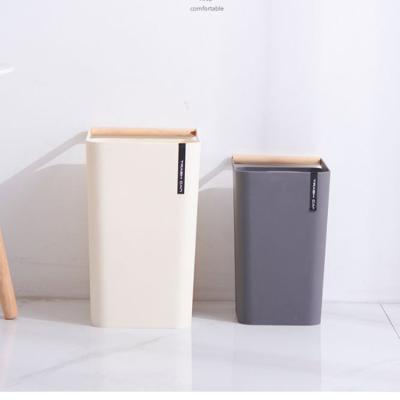 China Creative Viable European Open Kitchen Bathroom Trash Large Living Room Plastic Trash Bin With Wooden Handle for sale