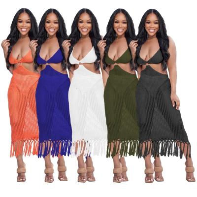 China Breathable Fringed Long Woven Beach Knitted Dress Mesh Hollow Out Halter Sexy Fringe Women's Prom Dress Summer Dresses for sale