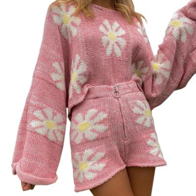 China Breathable 2 Piece Set Women Knitted 2 Piece Jogger Suit Long Sleeve Shoulder Fitness Set Casual Colorful Flower Knitted Suit Female for sale