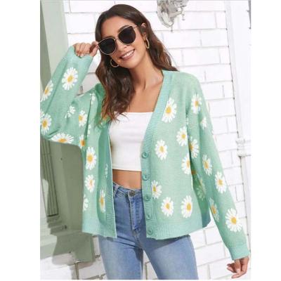 China Open Front Daisy Floral Pattern Anti-Wrinkle Button Cardigan Sweaters For Women for sale