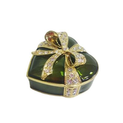 China Wedding decoration & Small gift heart shaped jewelry box with diamonds in gold plated with green epoxy for sale