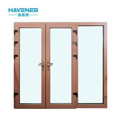 China Waterproof Unique Straight Adjustable Wooden Shower Door Edge Design Aluminum Clad Aluminum Glass Swing Door for sale