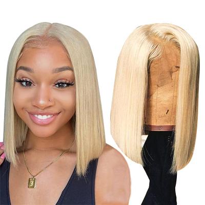 China Lowest Price Lace Front 16inch Curly Short Straight Human Hair Ombre Brazilian Colored 613 Bob Wig for sale