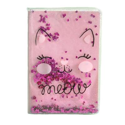 China Kawaii Cat Printed Liquid Floating Glitter Heart Pink Sequin Back To School Notebook for sale