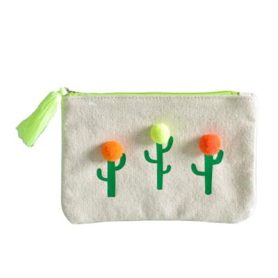 China Custom Cosmetic Gift Cactus Pouch with Tassels Canvas Pom Pom Pouch with Tassels Zipper for sale