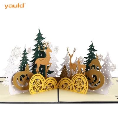 China Europe Wholesale Laser Cut Elk Holiday Merry Christmas Luxury Auto Pop Greeting Cards With Envelopes for sale