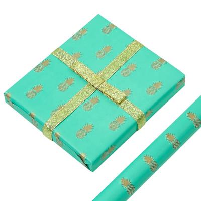 China Waterproof All Occasion Custom Printing Gold Foil Pineapple , Blue Kraft Paper Roll For Gift Wrapping for sale