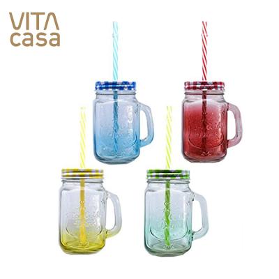 China Chinese Supplier Stocked Custom Decorative Wide Mouth Mason Jar With Lid And Straw Clear Jars With Lid And Straw For Juices for sale