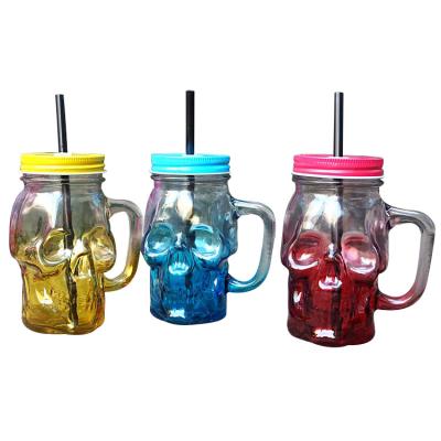 China 2021Hot Sale 400-500ml 16oz Unique Shape Glass Mason Jar Viable Drinking Glass With Handle And Straw for sale