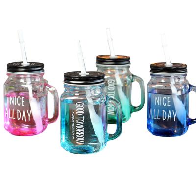 China Minimalist 16 oz decorative wide mouth mason jar colored juice mason jars drinking glass cover handles and straw metal wholesale lids for sale