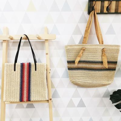 China Fashion Stripe Paper Braid Beach Handmade Tote Bags Crochet Handbag For Women With Fabric Handle for sale