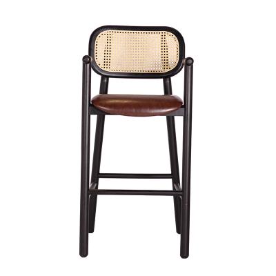 China Wholesale Modern Vintage Modern Vintage Stools Chair Wood Frame Rattan Backrest Fabric Leather Armrest Bar Chair Solid Wood Bar Stool High for sale