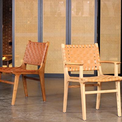 China Modern Nordic Customized Indoor Furniture Solid Wood Arm Dining Chair Restaurant Wood Frame Leather Saddle Woven Dining Chair for sale