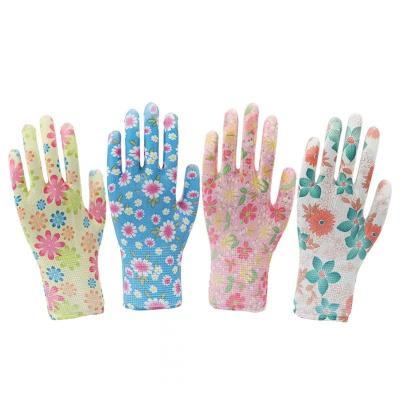 China Floral Digital Construction Site Printing 13 G Safety Work Gardening Gloves With PU Coating for sale