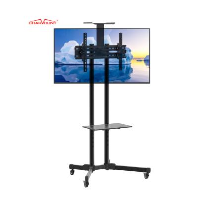 China CHARMOUNT Metal Height Adjustable TV Cart MAX VESA 800X600mm Adjustable Removable Rolling Mobile TV Cart With Shelf for sale