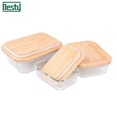 China Borosilicate Heatable Promotional Food Storage Container With Lid Glass Airtight Bamboo Container for sale