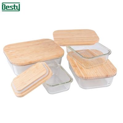 China New Sustainable Borosilicate Glass Food Container Bento Lunch Box Bamboo Lid for sale