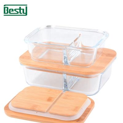 China Kitchen Borosilicate Food Storage Container Bento Lunch Box Heatable Environmentally Friendly Glass Bamboo Lid for sale