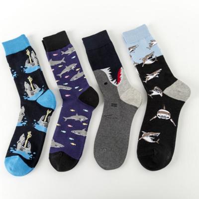 China Fashion Antibacterial Wholesale New Shark Character Happy Soft Cotton Socks Men for sale