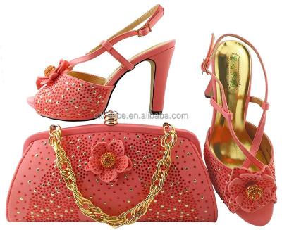 China Latest SH068-4 Italian bridal shoes shoes stones ronament and bag sets peach color /matching shoes and bags for sale