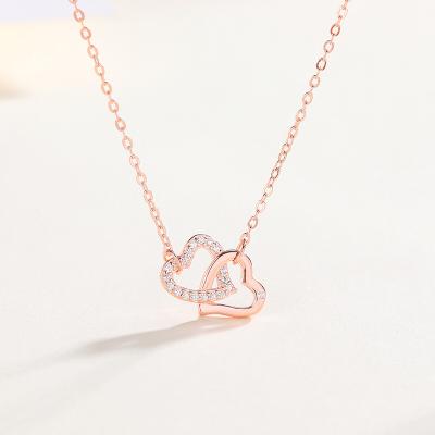 China S925 Sterling Silver Rose Gold Double Ring Diamond Love Necklace for sale