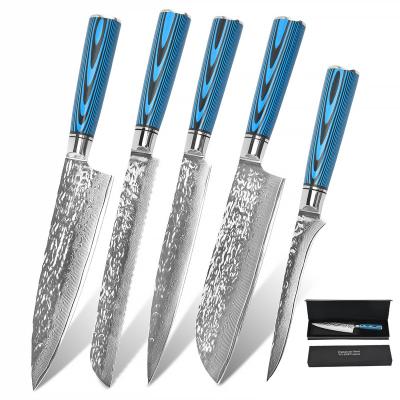 China Sustainable Quality 5Pcs Size 67 Layers Damascus Steel Knife Set Cooking Kitchen Knives Set Restaurants Chef Knife Set With Blue Tens Handle for sale