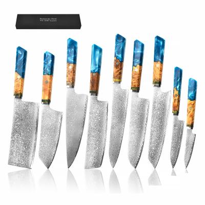 China Viable Japanese Style 67 Layers Damascus Steel Knife Set Sharp Chef Damascus Restaurants Kitchen Knives Knife Set With Resin Handle for sale