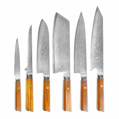 China Viable hot selling octagonal wooden handle damascus knife 7pcs kitchen santoku chef knife set damascus for sale