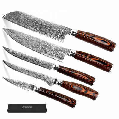 China 5Pcs Professional Viable 67 Layers Damascus Steel Knife Set Kitchen Knives Set Restaurants Chef Knife Set With Pakka Pointed Wood Handle for sale