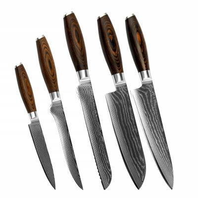 China Wholesale Professional Viable 5Pcs 67 Layers Damascus Steel Knife Set Sharp Chef Cooking Kitchen Knives Set With Pakka Wood Handle for sale