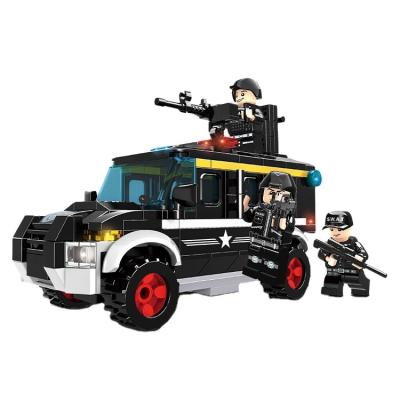 China Army Blow Eco-friendly Material Police Trucks Armored Tactical Transport Vehicle Car Bricks Building Blocks Toys Model Boy Birthday Gift Military for sale