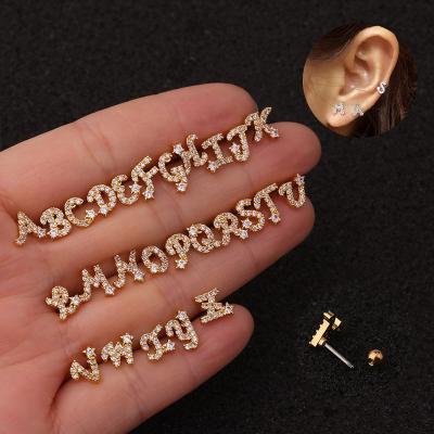 China Wholesale Korean jewelry small CZ 26 initial letter alphabet tragus cartilage helix ear CLASSIC English earring piercing jewelry for sale