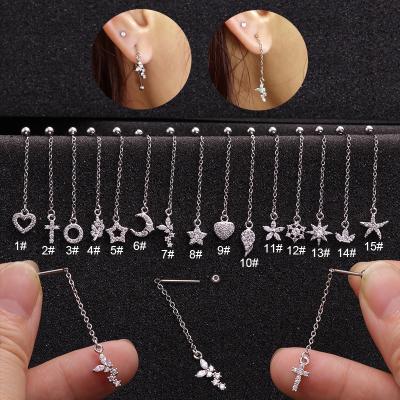 China CLASSIC Fashion Silver Moon Heart Long Chain Dangle Drop Stud Earrings For Women CZ Tassel Jewelry Cartilage Conch Rook Helix Piercing for sale