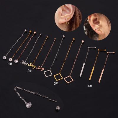 China CLASSIC Fashion Stainless Steel Ear Piercings Jewelry Gold Plated Geometric Shape Dangle Charm Name Helix Rook Long Chain Earring for sale