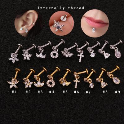 China 18K Solid Gold Bioplast Punk Labret Piercing Stud Earring Lip Stud Ring Helix Tragus Monroe Dangle Lip Piercing Clear CZ for sale